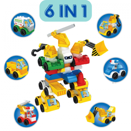 Jocuri educative si puzzle - Set de Construcție 6 în 1 - 72 Piese Compatibile Duplo - Vehicule și Robot pentru Copii +3 ani"