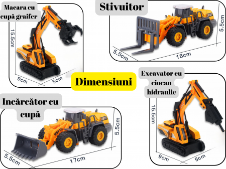 Set 7 utilaje de constructie, Metal si plastic, DIferite functii, Galben/Negru, 9-18cm, ERGINO® [4]