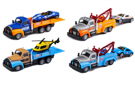 Seturi masinute - Set 8 piese, Camioane cu Platforme si Vehicule transportabile, Masini curse si Elicopter, Realizate din metal, Detalii Realistice, 12cm, +3 ani, ERGINO®