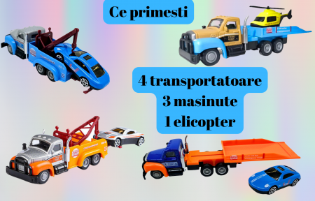 Set 8 piese, Camioane cu Platforme si Vehicule transportabile, Masini curse si Elicopter, Realizate din metal, Detalii Realistice, 12cm, +3 ani, ERGINO® [2]