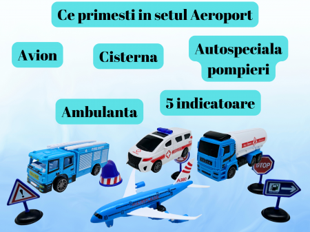 Set 9 piese Aeroport, Avion, Cisterna, Autospeciala Pompieri, Ambulanta, alte Accesorii, Jucarii educative si interactive, +3ani, plastic, ERGINO® [3]