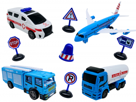 Jucarii interactive - Set 9 piese Aeroport, Avion, Cisterna, Autospeciala Pompieri, Ambulanta, alte Accesorii, Jucarii educative si interactive, +3ani, plastic, ERGINO®