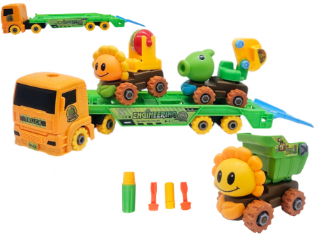 Camioane transportatoare - Set camion trailer cu 3 masinute demontabile, Cifa, Basculanta, Excavator, cu surubelnite, Jucarie interactiva pentru copii, 47 cm, Plastic, Multicolor