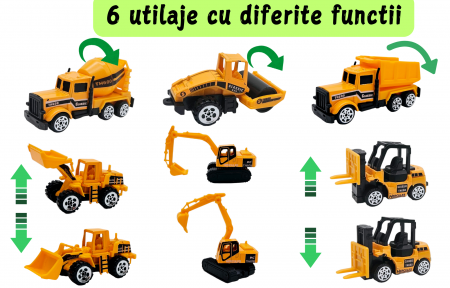 Set camion trailer de jucarie pentru transport, Utilaje de constructii, 7 piese, excavator, buldozer, betoniera, compactor, motostivuitor, camion, 33cm, Galben [2]