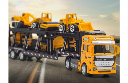 Set camion trailer de jucarie pentru transport, Utilaje de constructii, 7 piese, excavator, buldozer, betoniera, compactor, motostivuitor, camion, 33cm, Galben [6]