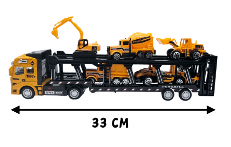 Set camion trailer de jucarie pentru transport, Utilaje de constructii, 7 piese, excavator, buldozer, betoniera, compactor, motostivuitor, camion, 33cm, Galben [1]