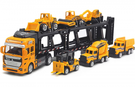 Camioane transportatoare - Set camion trailer de jucarie pentru transport, Utilaje de constructii, 7 piese, excavator, buldozer, betoniera, compactor, motostivuitor, camion, 33cm, Galben