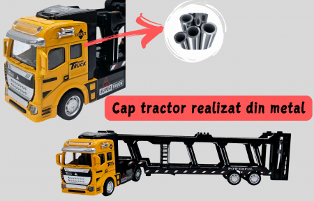 Set camion trailer de jucarie pentru transport, Utilaje de constructii, 7 piese, excavator, buldozer, betoniera, compactor, motostivuitor, camion, 33cm, Galben [3]