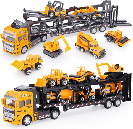 Set camion trailer de jucarie pentru transport, Utilaje de constructii, 7 piese, excavator, buldozer, betoniera, compactor, motostivuitor, camion, 33cm, Galben [5]