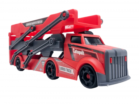 Set camion trailer de jucarie, Sistem catapultare masini, Pista extensibila, 5 Piese, Masinute din metal, Extidere 77cm, Plastic, Rosu [9]