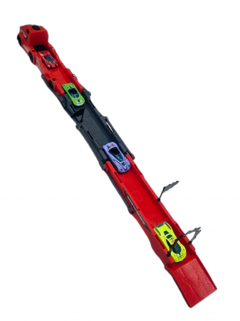 Set camion trailer de jucarie, Sistem catapultare masini, Pista extensibila, 5 Piese, Masinute din metal, Extidere 77cm, Plastic, Rosu [8]