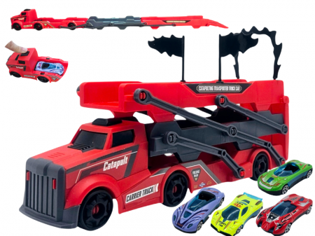 Camioane transportatoare - Set camion trailer de jucarie, Sistem catapultare masini, Pista extensibila, 5 Piese, Masinute din metal, Extidere 77cm, Plastic, Rosu