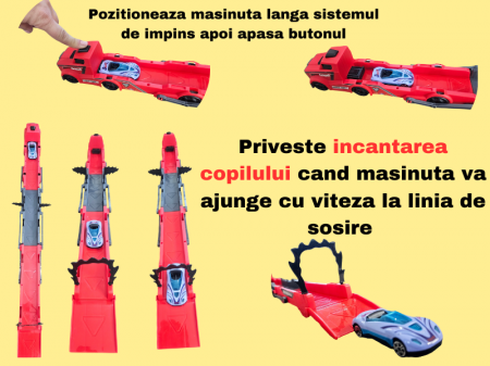 Set camion trailer de jucarie, Sistem catapultare masini, Pista extensibila, 5 Piese, Masinute din metal, Extidere 77cm, Plastic, Rosu [2]
