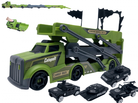 Camioane transportatoare - Set camion trailer de jucarie, Sistem catapultare masini, Pista extensibila, 5 Piese, Autospeciale Politie, Extidere 77cm, Plastic, Verde