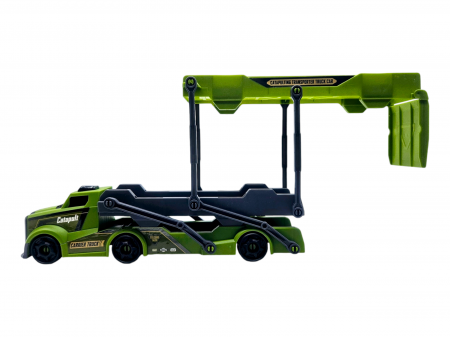 Set camion trailer de jucarie, Sistem catapultare masini, Pista extensibila, 5 Piese, Autospeciale Politie, Extidere 77cm, Plastic, Verde [8]