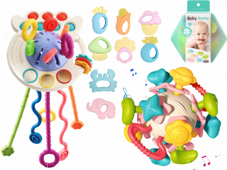Jucarii interactive - Set complet Jucarii Dentitie, Interactive, Multi-senzoriale, Elemente zornaitoare, Diferite functii, Fara BPA, SIlicon alimentar si plastic fin, +3luni, 11piese, Blue, Ergino