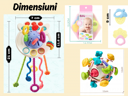 Set complet Jucarii Dentitie, Interactive, Multi-senzoriale, Elemente zornaitoare, Diferite functii, Fara BPA, SIlicon alimentar si plastic fin, +3luni, 11piese, Roz, Ergino [8]