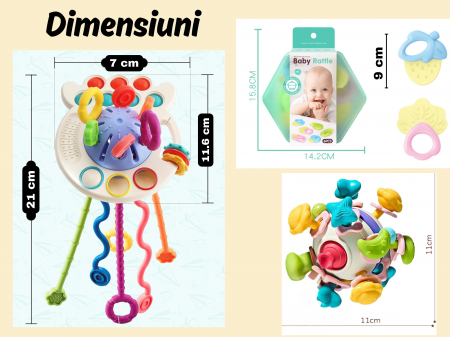 Set complet Jucarii Dentitie, Interactive, Multi-senzoriale, Elemente zornaitoare, Diferite functii, Fara BPA, SIlicon alimentar si plastic fin, +3luni, 11piese, Blue, Ergino [8]