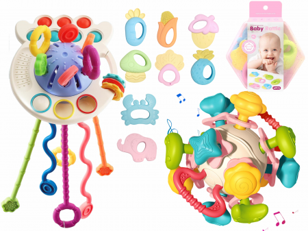Jucarii interactive - Set complet Jucarii Dentitie, Interactive, Multi-senzoriale, Elemente zornaitoare, Diferite functii, Fara BPA, SIlicon alimentar si plastic fin, +3luni, 11piese, Roz, Ergino