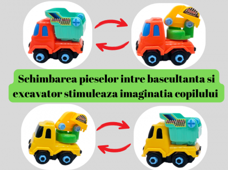 Set tren transportator cu 2 masinute demontabile, Basculanta, Excavator, cu surubelnite, Jucarie interactiva pentru copii, 42 cm, Plastic, Multicolor [2]