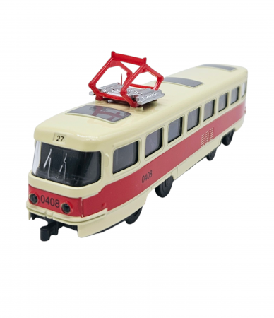 Tramvai de jucarie realizat din metal, Sunete si lumini, Pull-back, Baterii incluse, 17cm, Alb/rosu [2]
