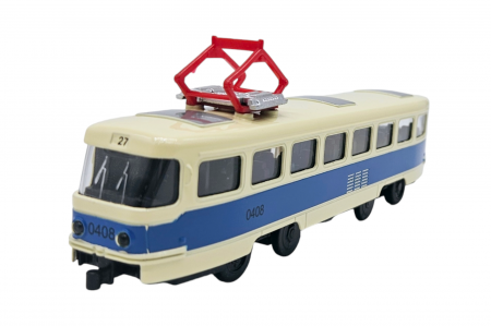 Mijloace de transport in comun - Tramvai de jucarie realizat din metal, Sunete si lumini, Pull-back, Baterii incluse, 17cm, Alb/albastru