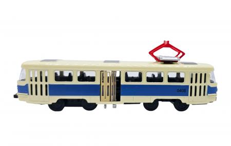 Tramvai de jucarie realizat din metal, Sunete si lumini, Pull-back, Baterii incluse, 17cm, Alb/albastru [3]
