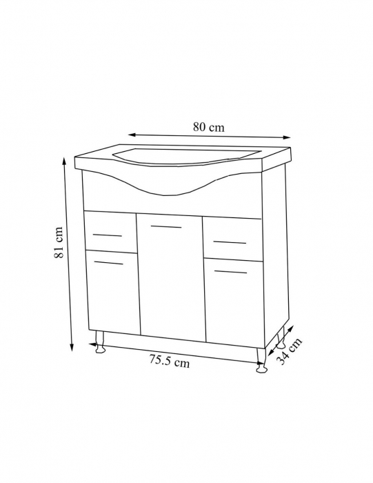 Mobilier de baie alb cu lavoar ceramic, 80 cm, din PAL si MDF, cu sertare si picioare cromate [4]