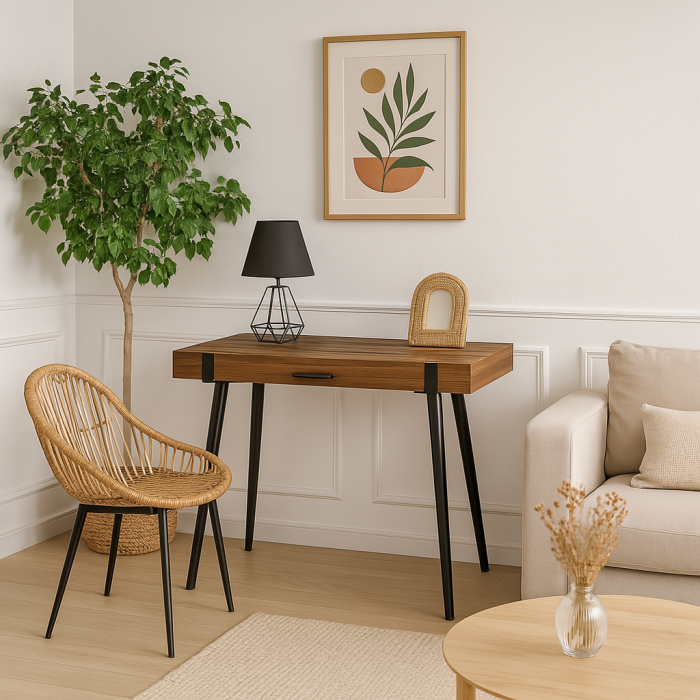 Birou HM B39 maro din MDF laminat cu picioare metalice negre si sertar [5]