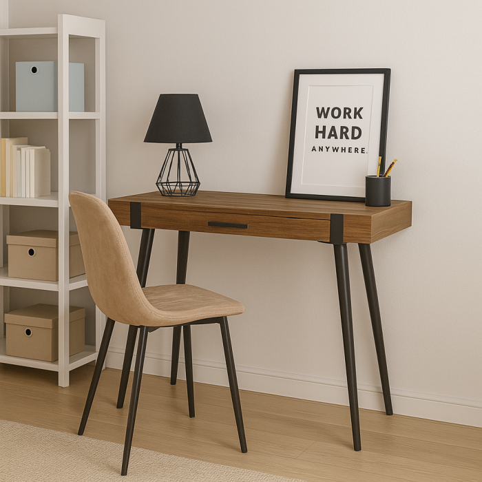 Birou HM B39 maro din MDF laminat cu picioare metalice negre si sertar [1]
