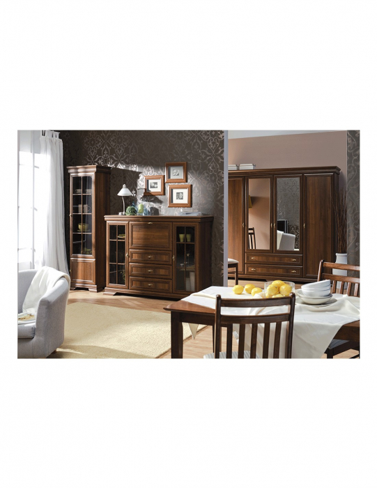 Comoda living VM4 din PAL melaminat nuc, cu 4 usi si 1 sertar, detaliu cu decoratiuni pe blat [6]