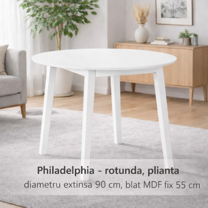 Masa living si bucatarie plianta Philadelphia, MDF, structura lemn masiv, rotunda, 4 persoane, 55/90 x 90 x 74,8 cm, alb [2]