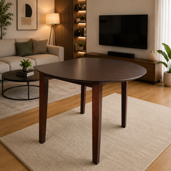 Masa living si bucatarie plianta Philadelphia, MDF, structura lemn masiv, rotunda, 4 persoane, 55/90 x 90 x 74,8 cm, nuc [8]
