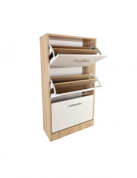 Pantofar alb cu 3 usi si finisaj stejar, dimensiuni 63x24x117 cm [4]