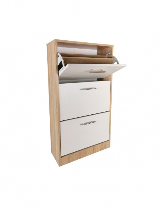 Pantofar alb cu 3 usi si finisaj stejar, dimensiuni 63x24x117 cm [3]