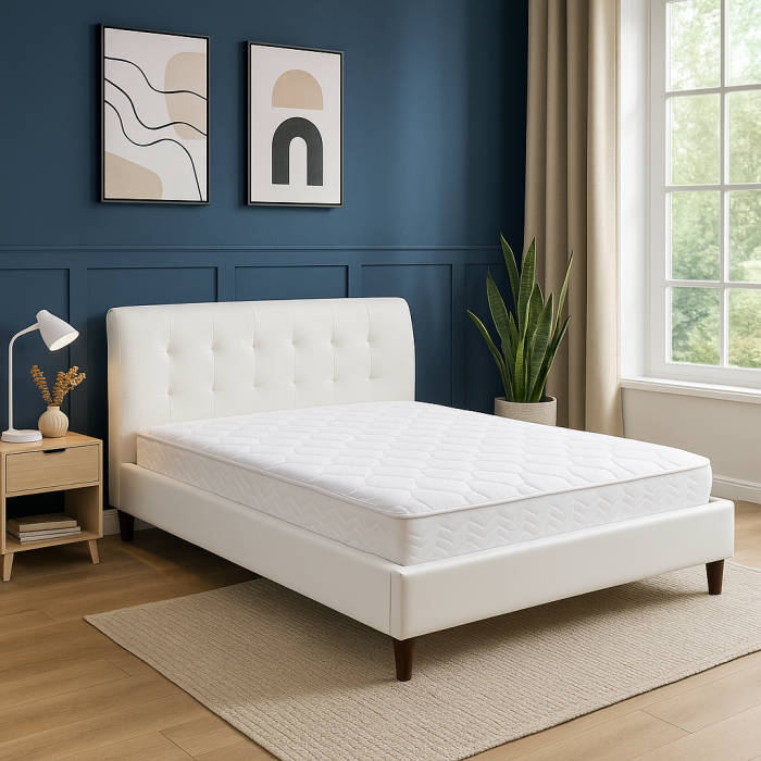Pat matrimonial HM Samara alb 160x200, piele ecologica, picioare lemn masiv [1]