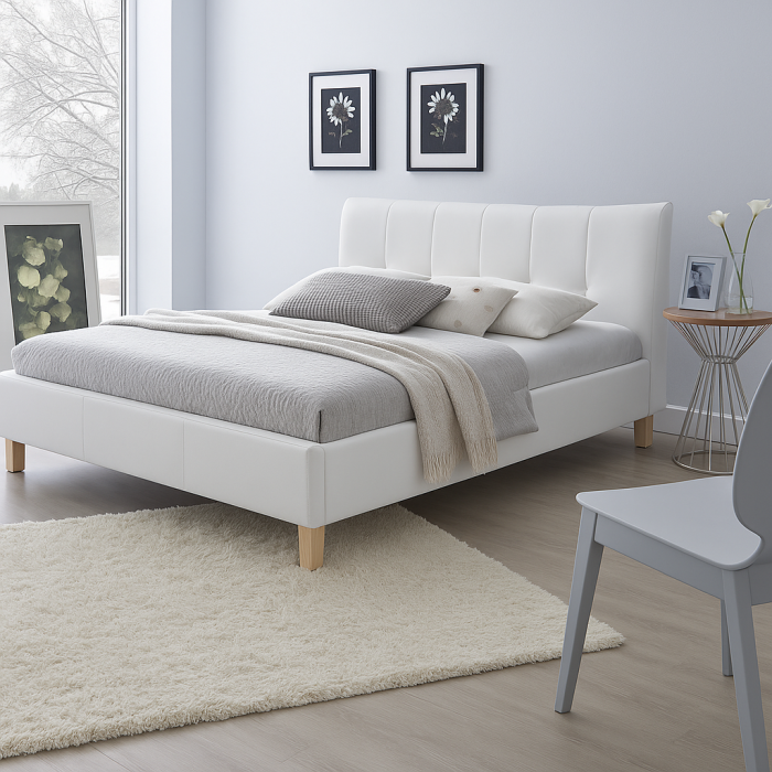 Pat matrimonial HM Sandy 160x200 alb cu tablie capitonata si picioare din lemn [1]