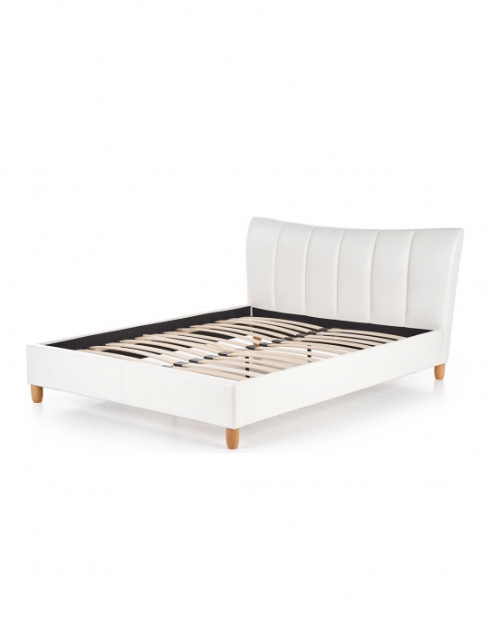 Pat matrimonial HM Sandy 160x200 alb cu tablie capitonata si picioare din lemn [5]