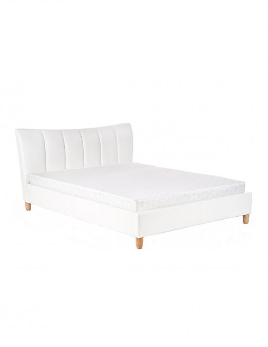 Pat matrimonial HM Sandy 160x200 alb cu tablie capitonata si picioare din lemn [3]