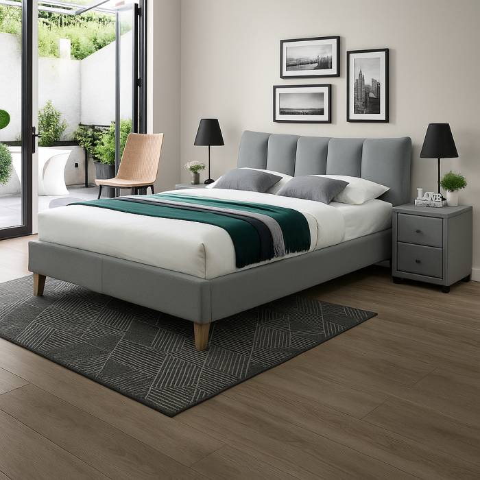 Pat gri modern HM Sandy 2 cu tablie capitonata, dormitor amenajat [1]
