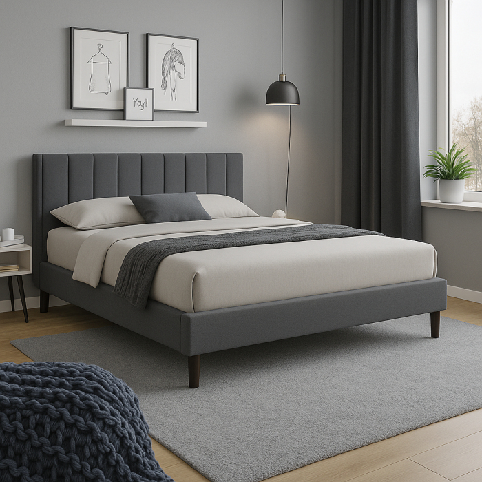 Pat Limess 140x200 gri: tăblie înaltă din catifea, structură din lemn masiv și somieră 2×24 lamele. Confort, stabilitate și design modern pentru dormitor. [1]