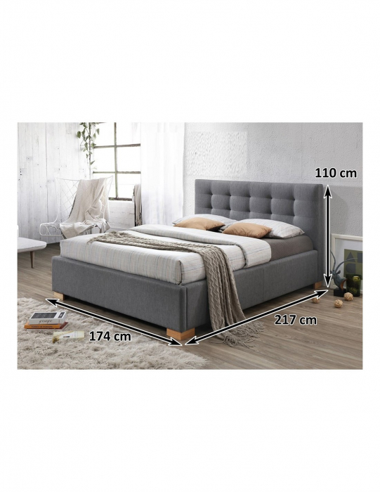 Pat matrimonial SL Copenhagen gri 160x200 cu tablie capitonata si picioare din lemn [3]