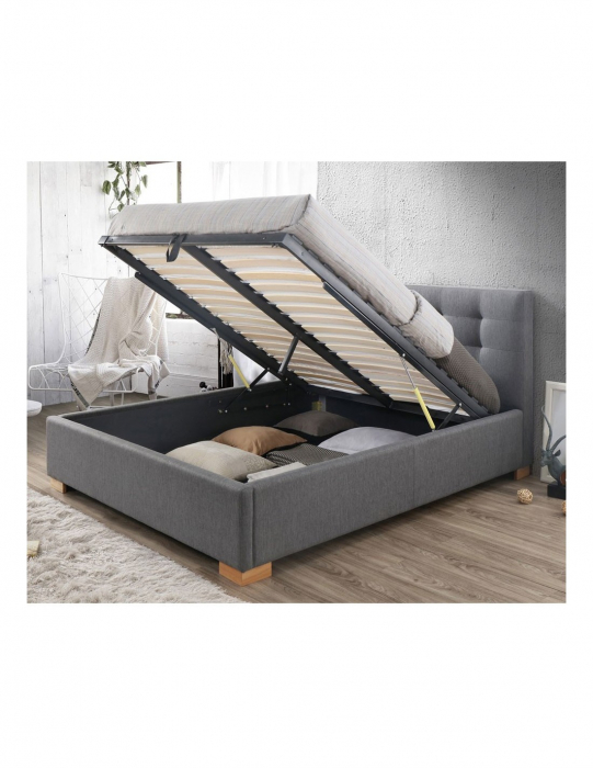 Pat matrimonial SL Copenhagen gri 160x200 cu tablie capitonata si picioare din lemn [2]