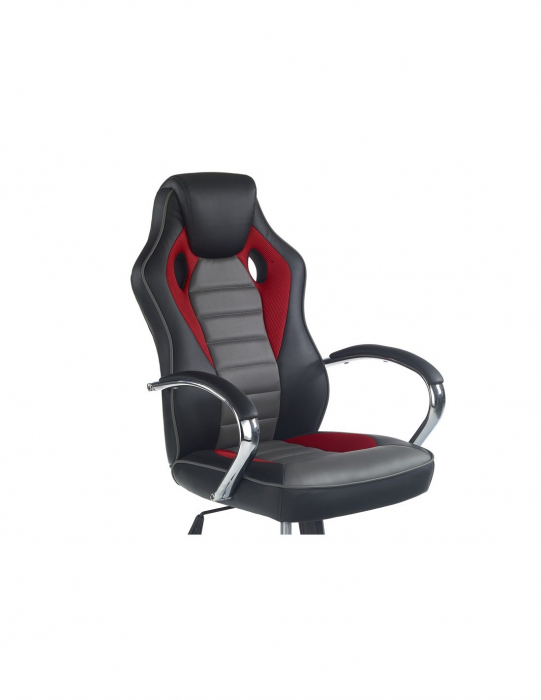 Scaun de gaming HM Scroll negru, rosu si gri, cu baza metalica cromata si roti [3]