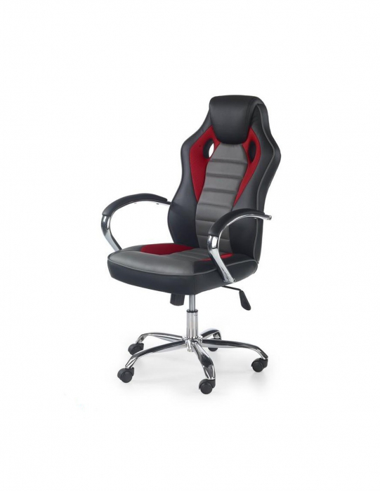 Scaun de gaming HM Scroll negru, rosu si gri, cu baza metalica cromata si roti [2]