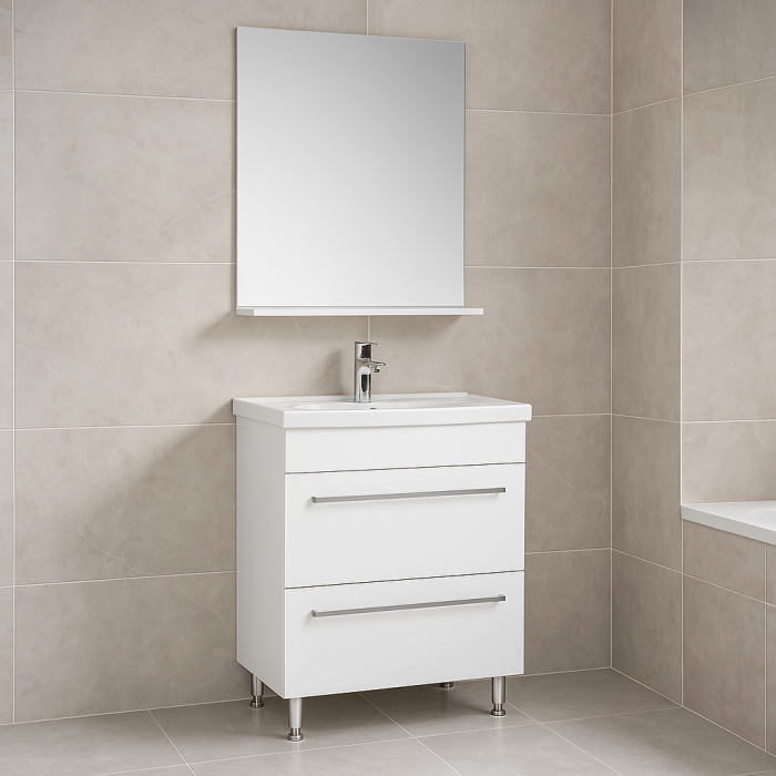 Set mobilier baie alb cu oglinda si lavoar, 2 sertare, picioare cromate [1]