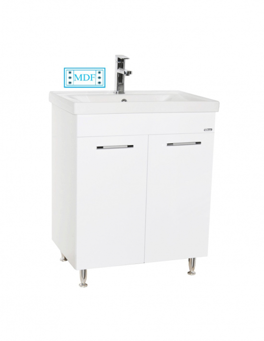 Set mobilier baie alb cu oglinda, lavoar si baza cu usi si picioare cromate [3]