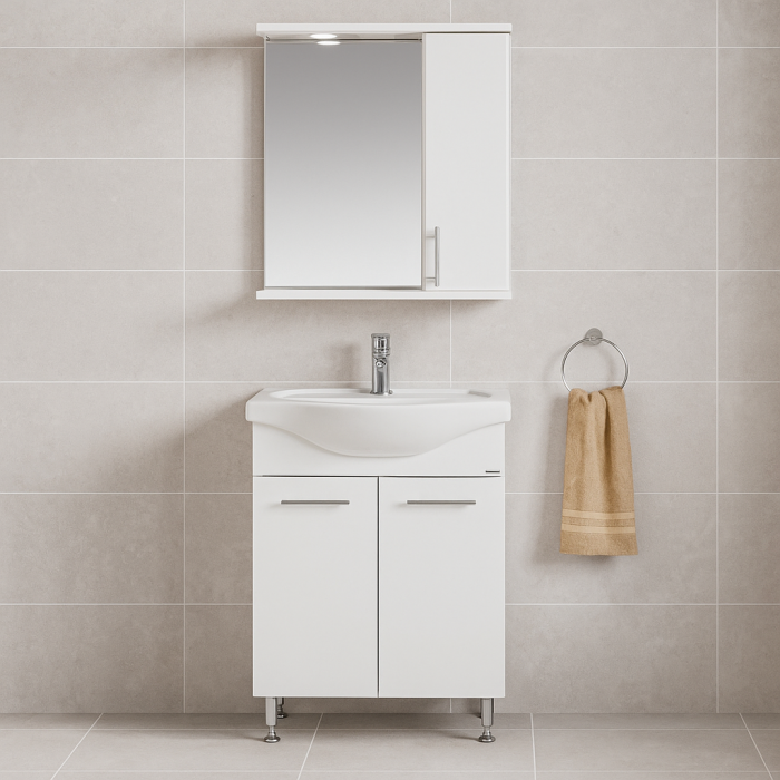 Set mobilier baie alb cu oglinda, lavoar si baza cu usi si picioare cromate [1]