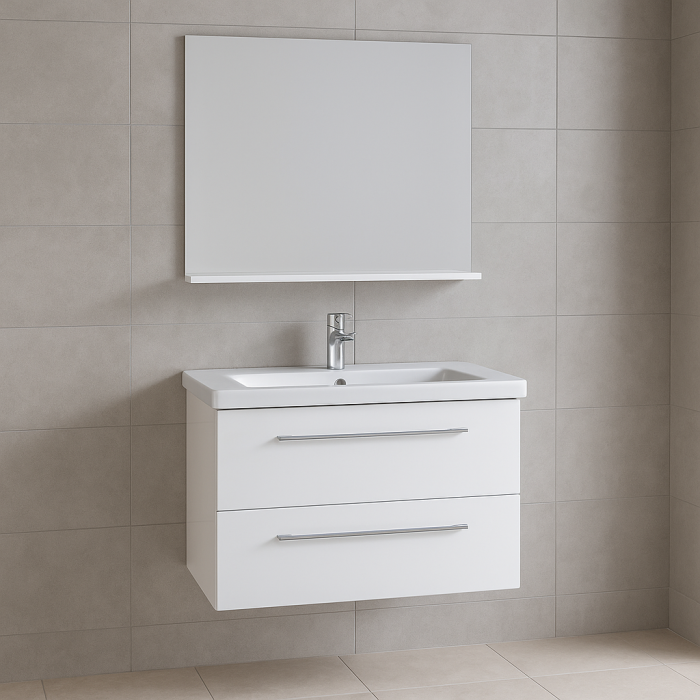 Set mobilier baie suspendat alb cu lavoar ceramic si oglinda [1]