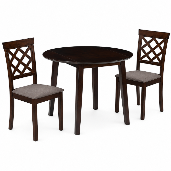 Set masa living plianta Philadelphia, MDF, lemn masiv, rotunda, 55/90 x 90 x 74,8 cm si 2 scaune Vienna, tapiterie stofa, 94x49x40 cm, nuc [2]
